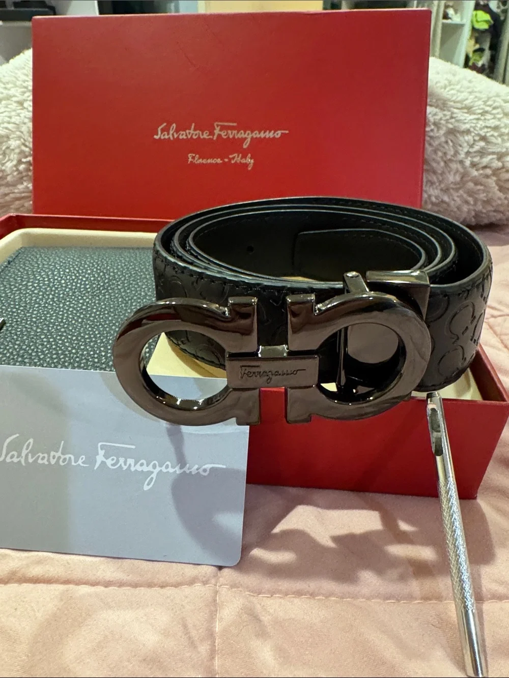 Salvatore Ferragamo Black Embossed Leather Belt with Gunmetal Gancini Buckle